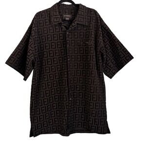 Synergy Mens XL Black Monogram Geometric Short Sleeve Button Down Shirt